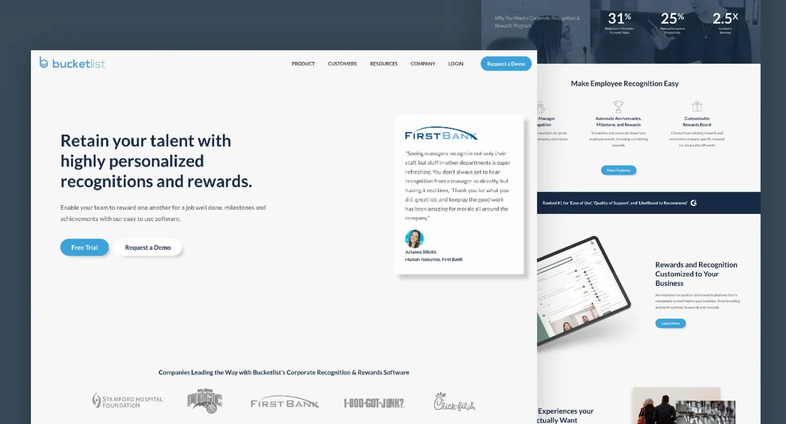 Bucketlist homepage before the redesign: dark navy header with a retain your talent message