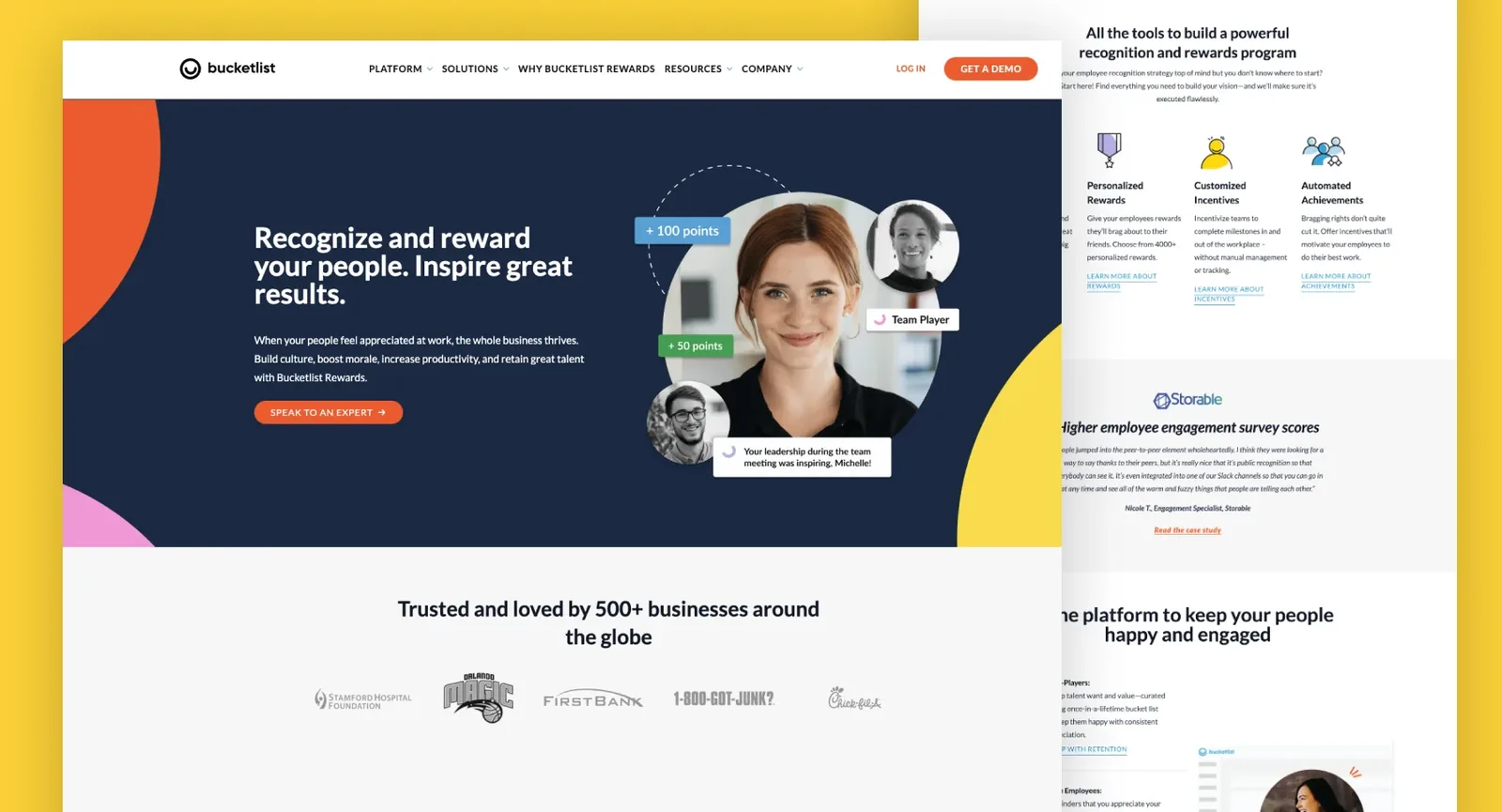 Bucketlist homepage after the redesign: yellow and navy hero asking you to recognize and reward your people