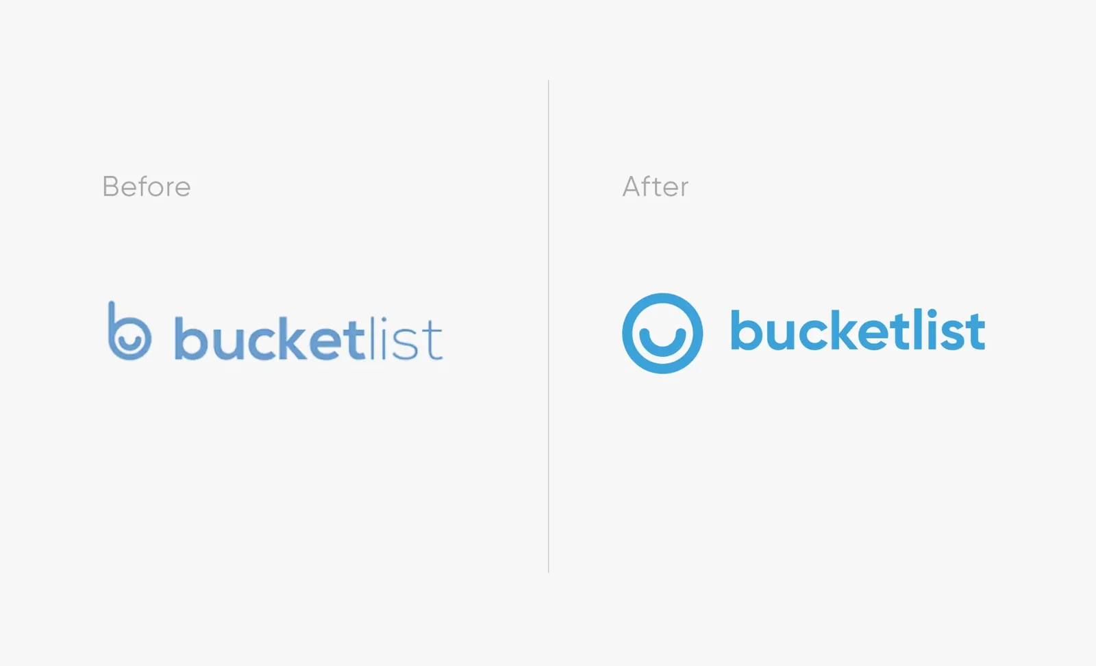 Bucketlist logo before and after: a light grey wordmark replaced by a simplified smiley-face logo in blue