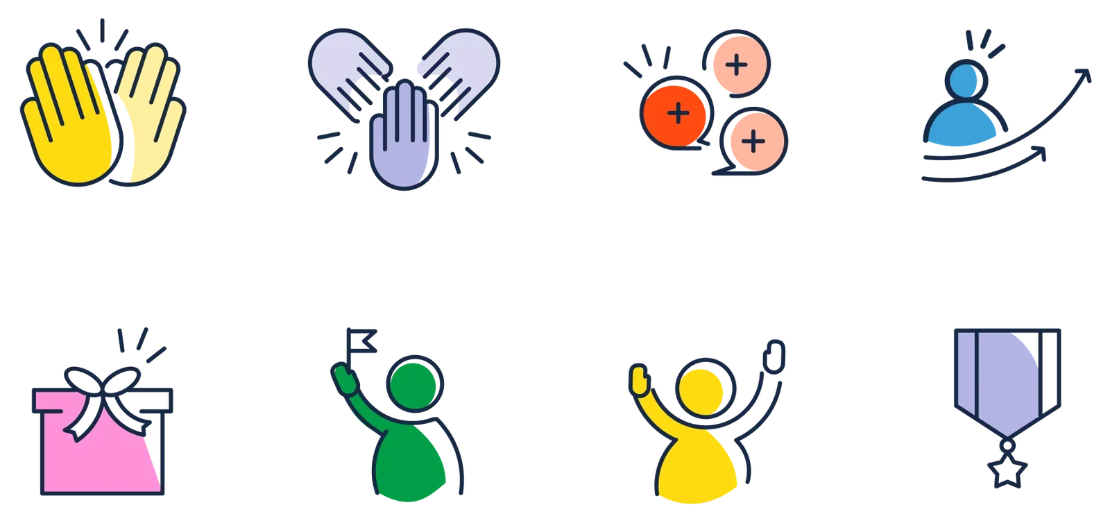 Set of friendly Bucketlist icons with colour accents: clapping hands, teamwork, celebration, growth, gift boxes and people