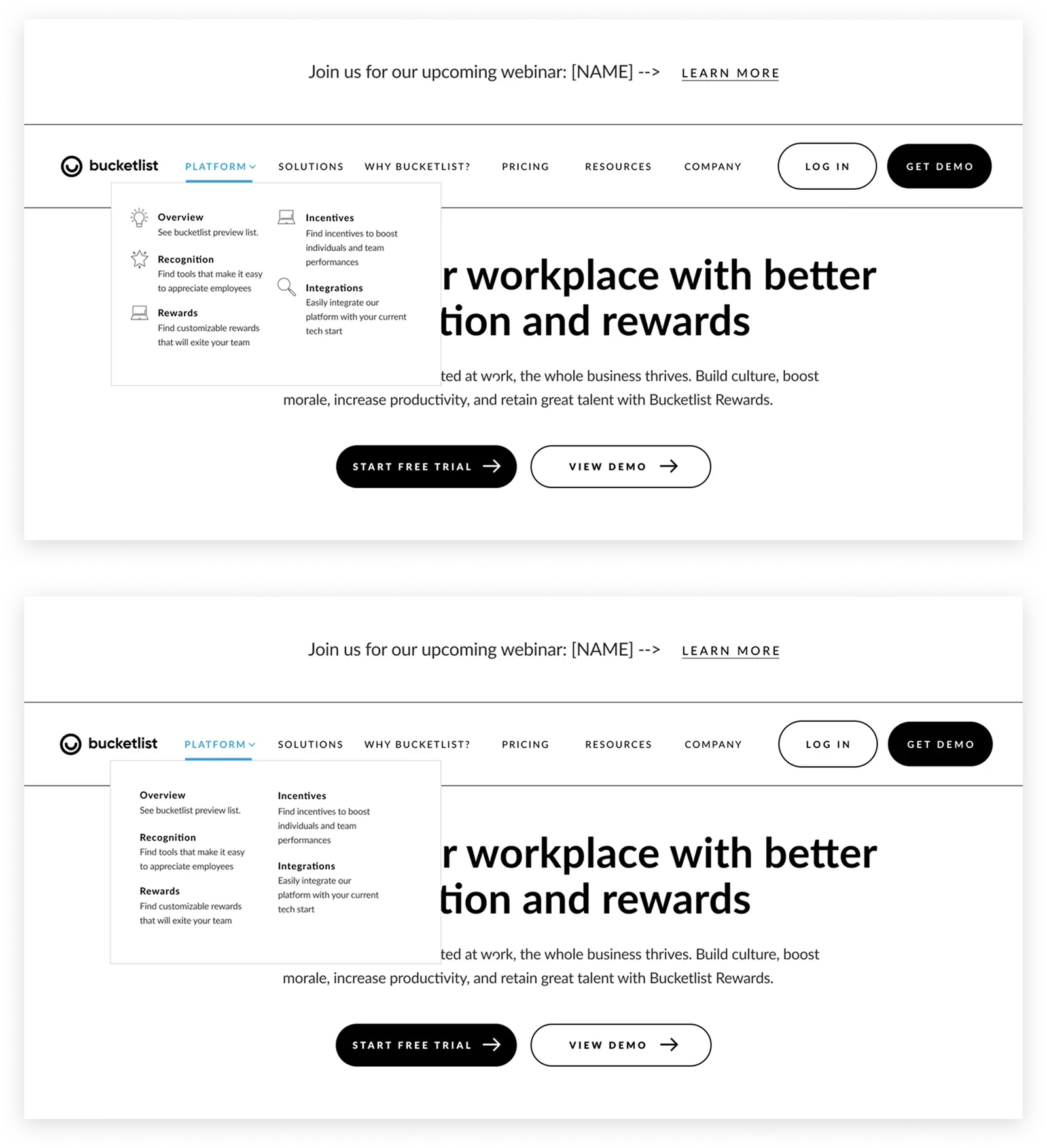 Bucketlist website menu shown twice, before and after, with grouped links and icons
