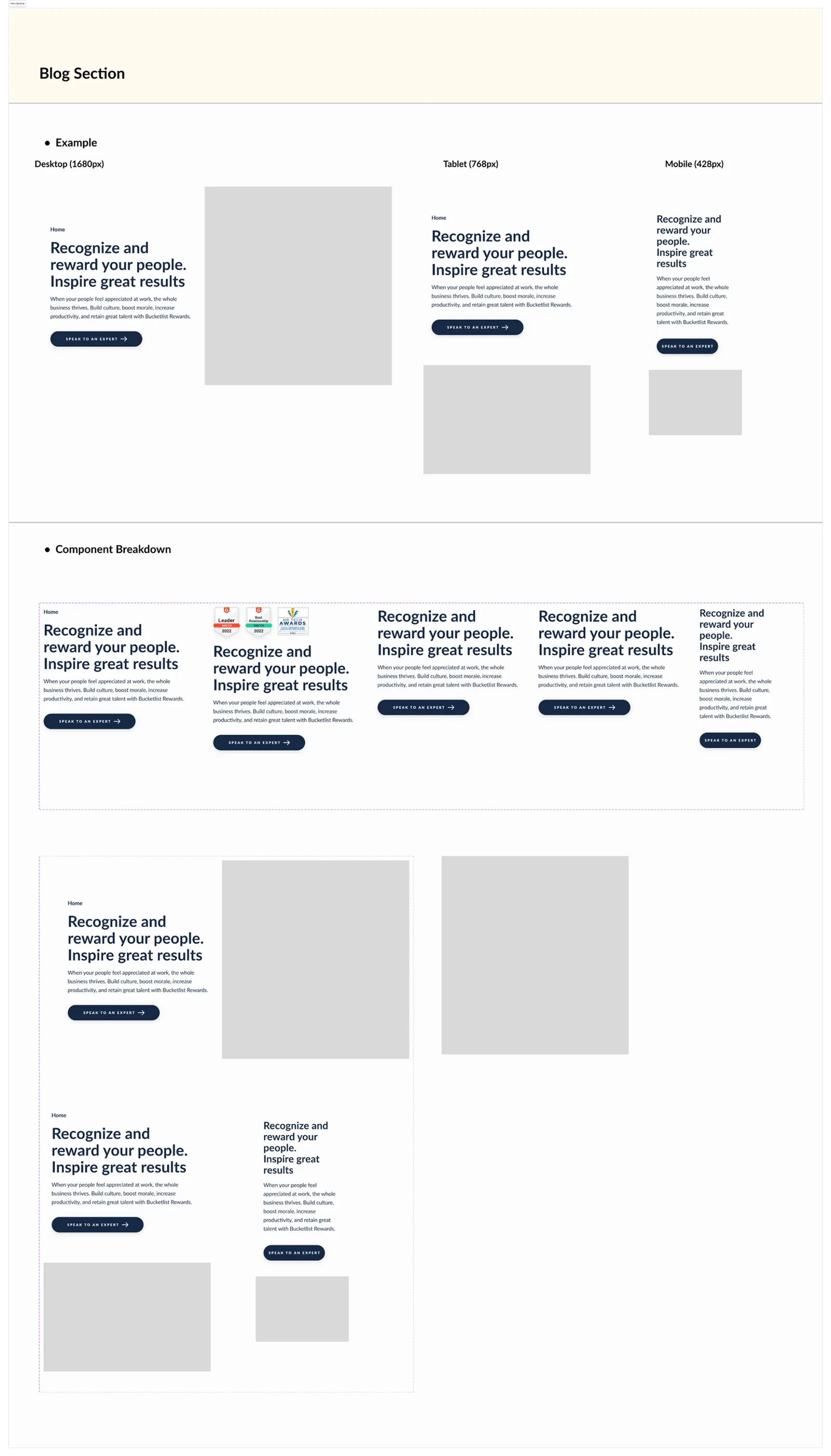 Component breakdown for the hero section, showing layout variants as wireframes