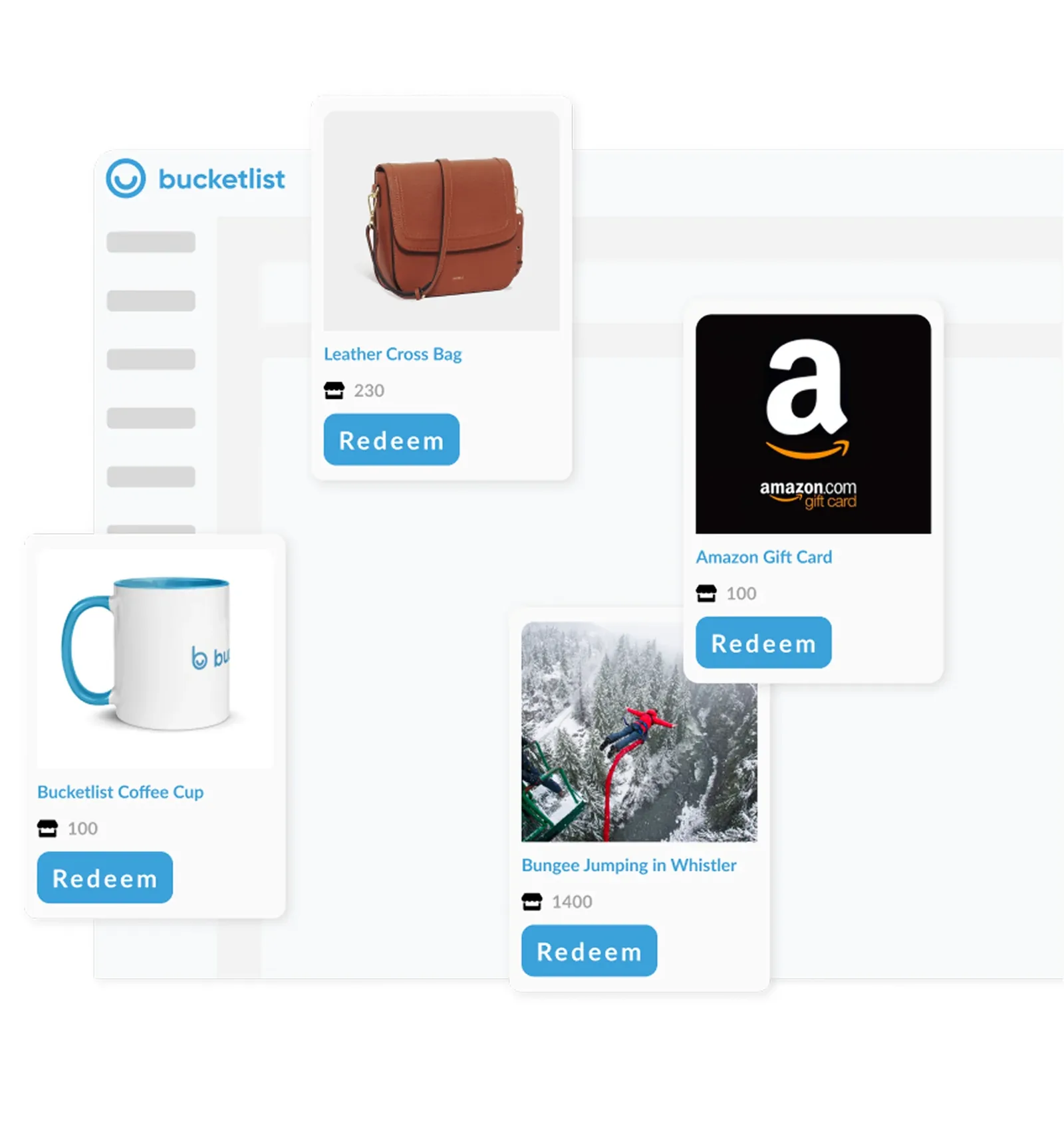 Custom product visual of the rewards catalogue with a leather bag, an Amazon gift card, a mug and redeem buttons