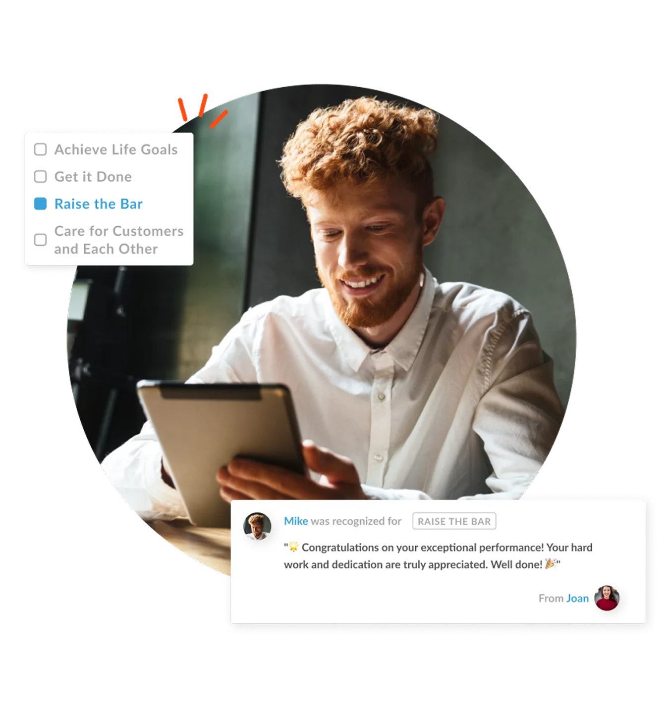 Employee holding a tablet with a recognition goals checklist overlay