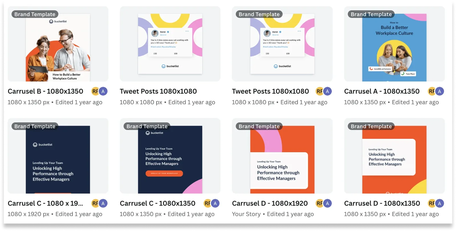 Library of Bucketlist social post templates in Canva, including carousels, quote posts and tweet posts