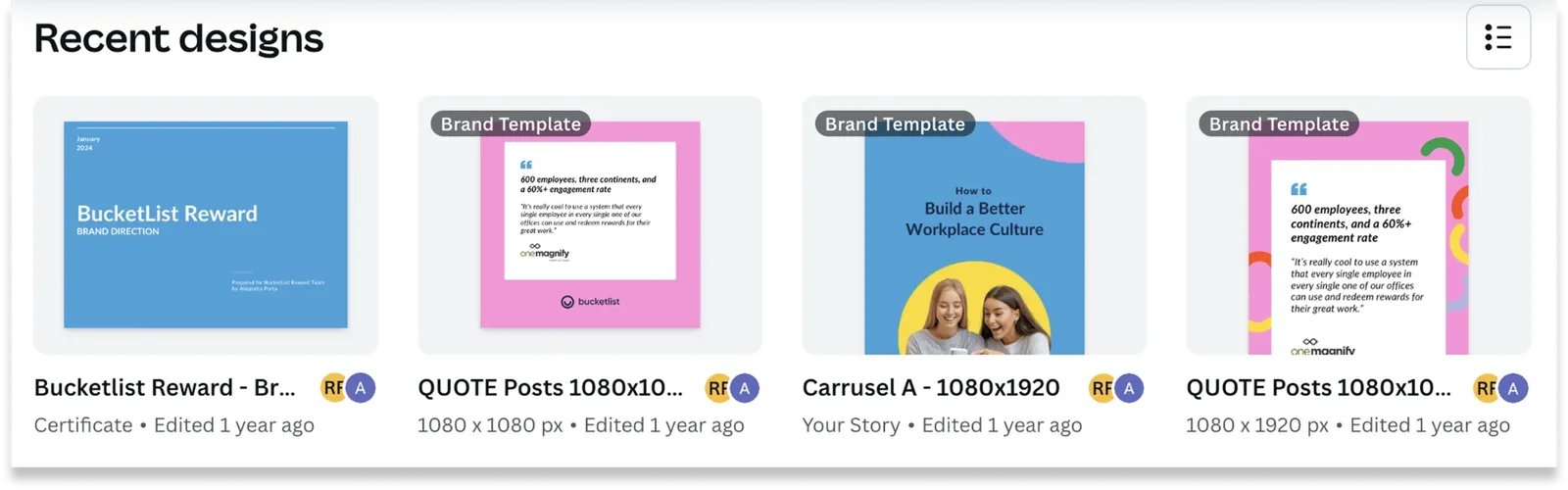 Recent Bucketlist designs listed in the Canva workspace