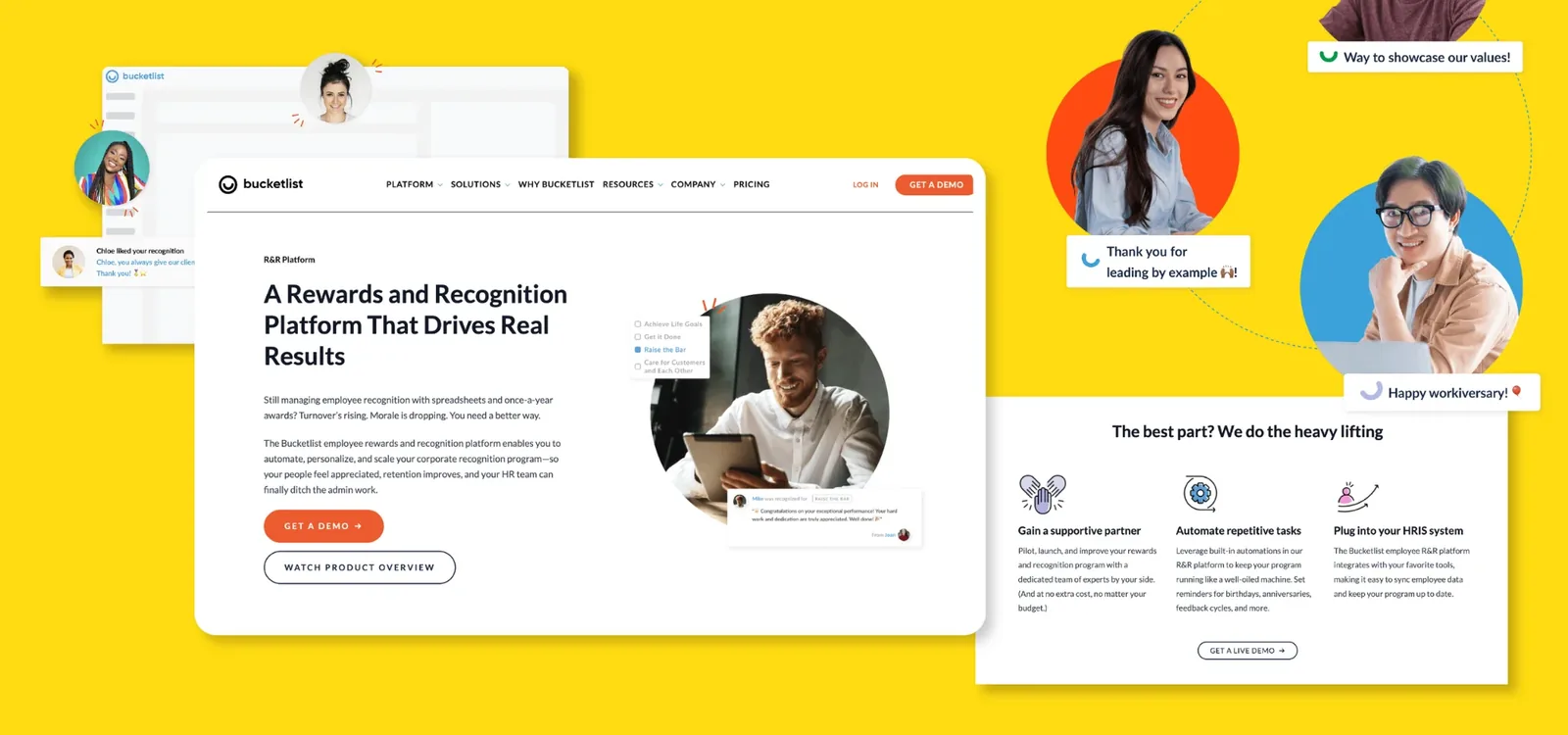 The redesigned Bucketlist website on a yellow background, with the rewards and recognition platform page