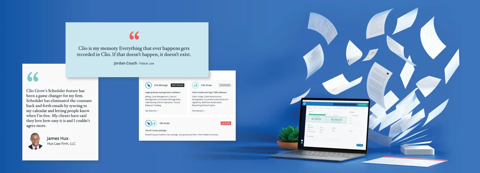 Redesigned Clio homepage with customer quotes beside a laptop surrounded by flying documents