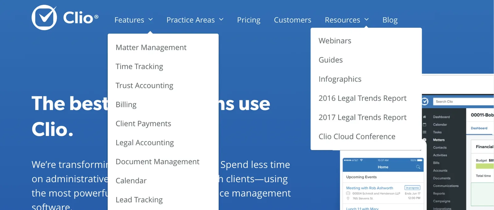 Clio website navigation before the redesign: a long Features dropdown over a blue header