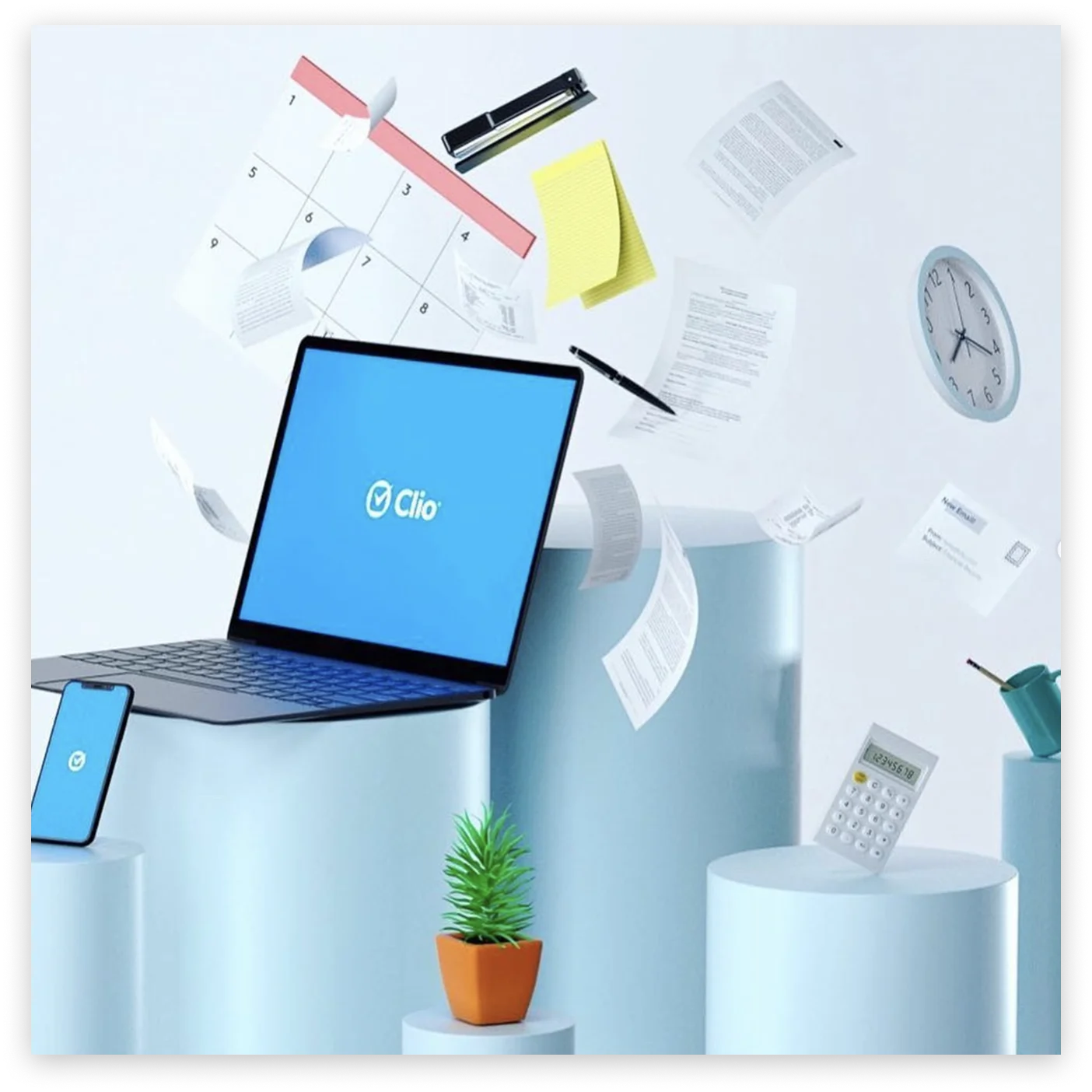 Final 3D header: a laptop on blue pedestals with documents and office objects floating above