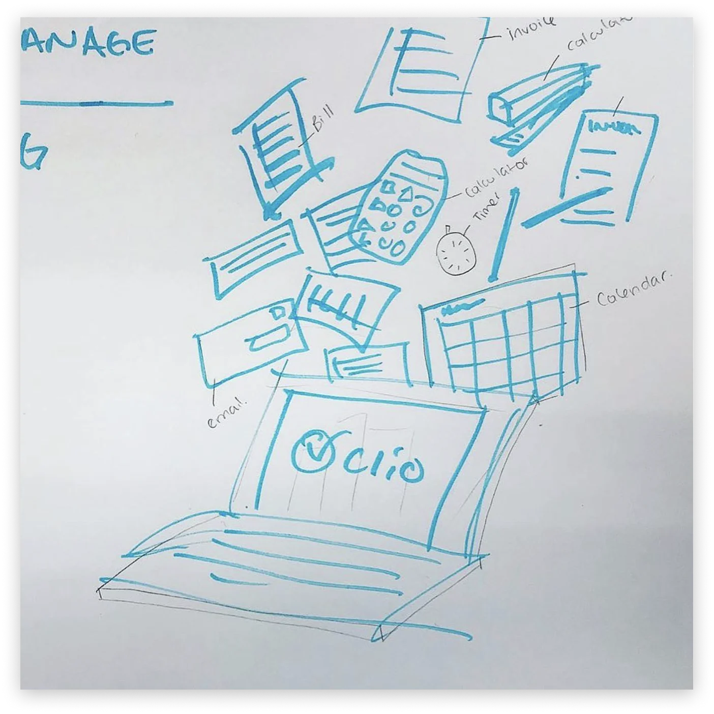 Whiteboard sketch concept for the Manage header, with a laptop and flying papers