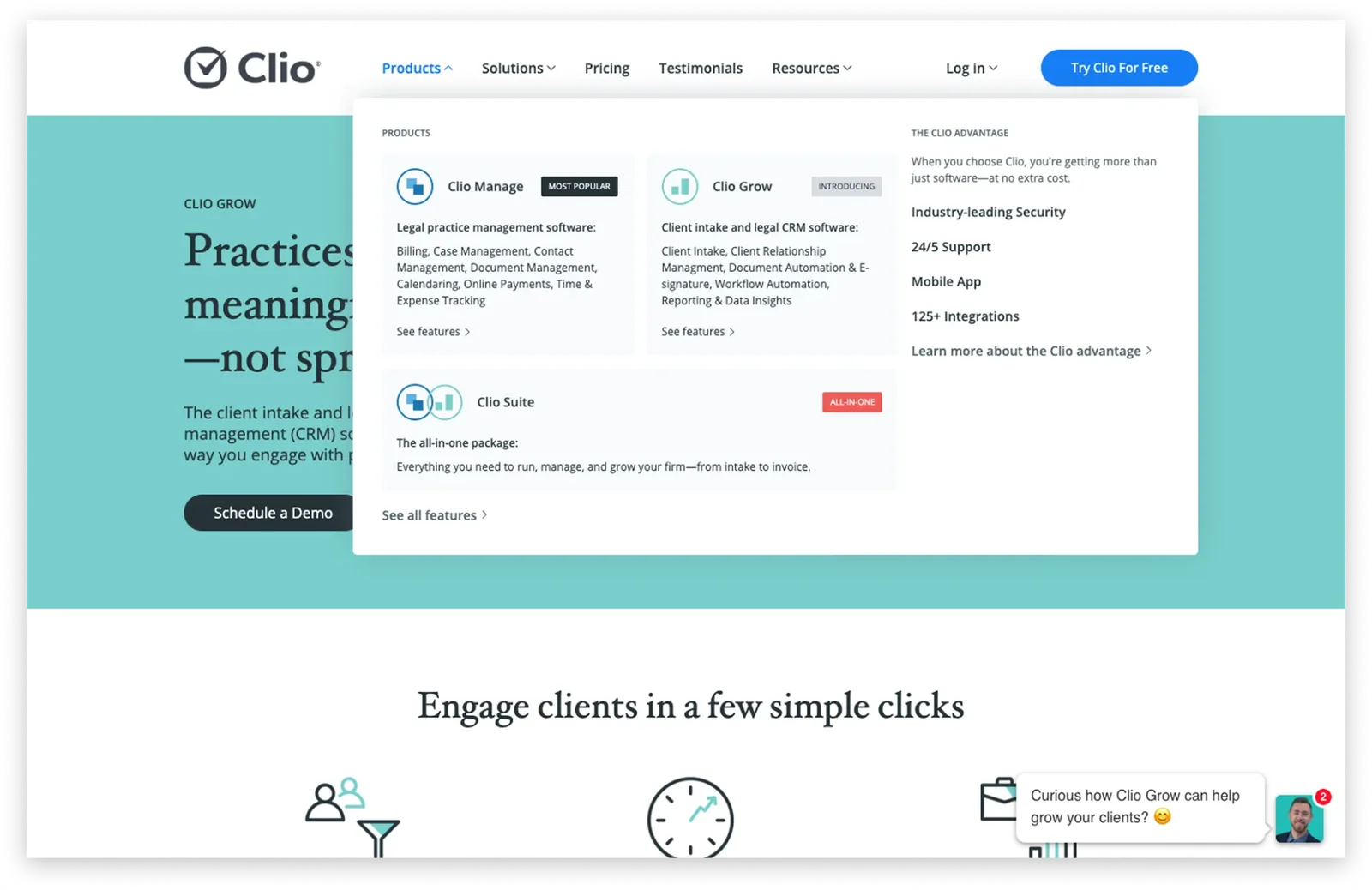 Redesigned Clio mega menu with grouped Clio Manage, Clio Grow and Clio Suite entries and a Clio advantage column