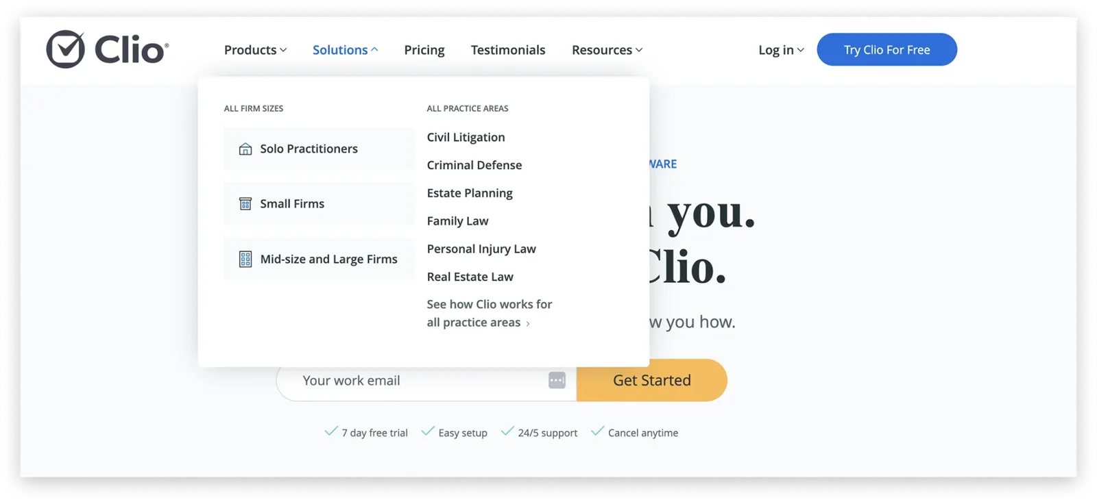 Clio Solutions menu after the redesign, organised by firm size and practice area