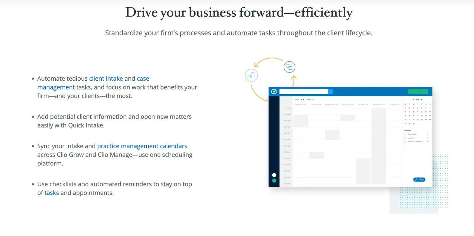 Product slide: Drive your business forward efficiently, with intake, calendar sync and checklist features