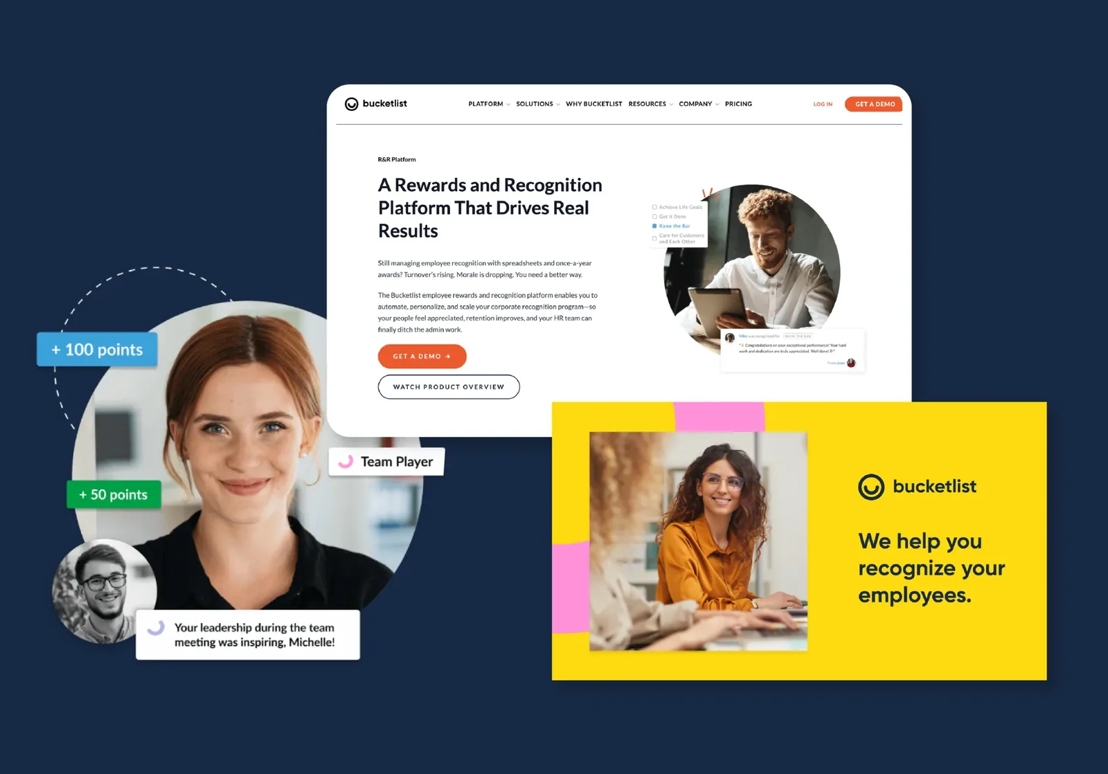 Bucketlist Rewards recognition platform homepage with points badges and a yellow brand card