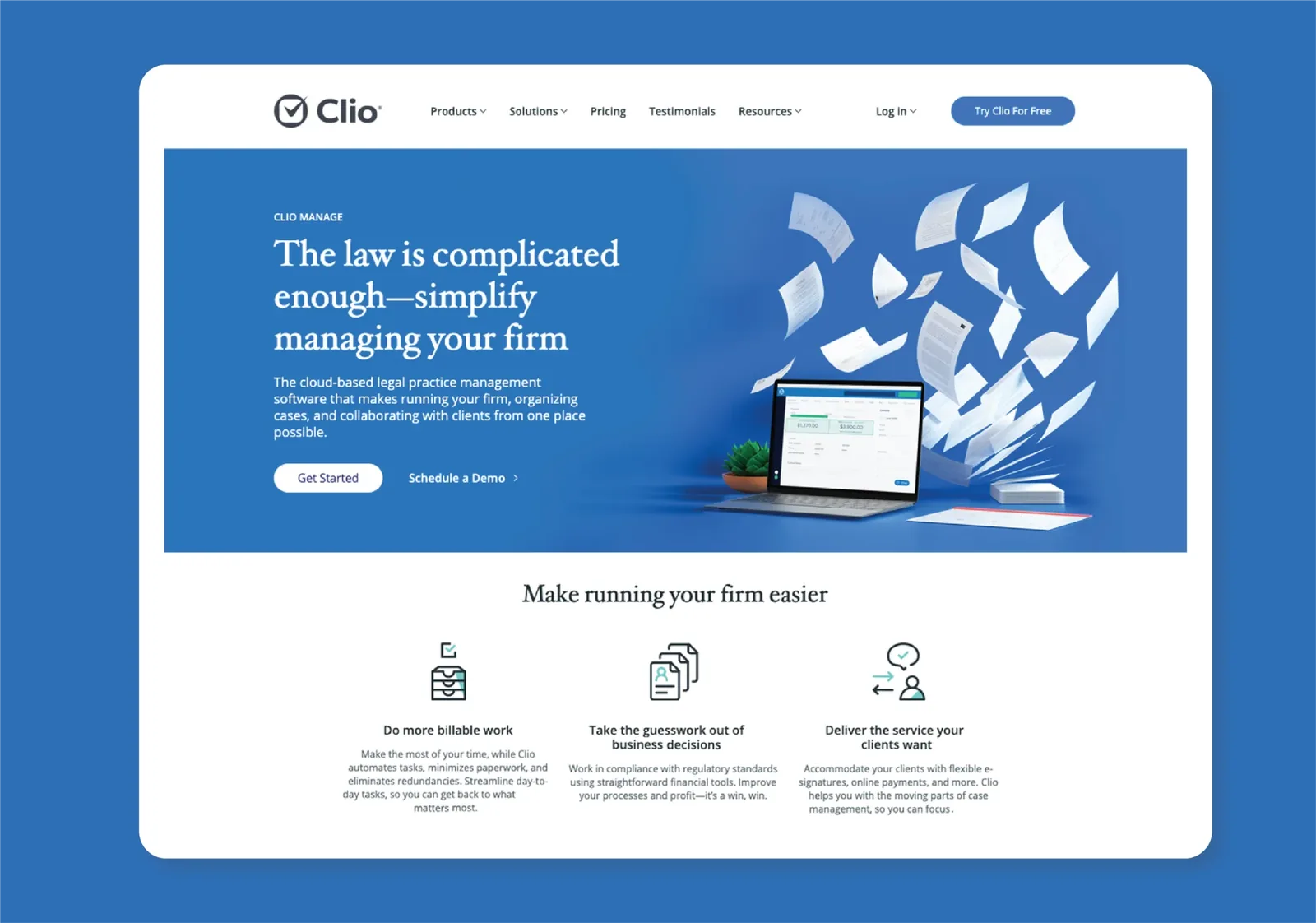 Redesigned Clio homepage: The law is complicated enough, simplify managing your firm
