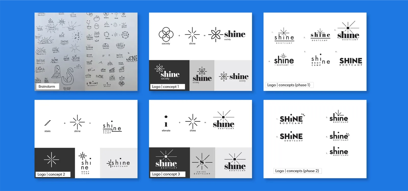 Shine Bootcamp logo exploration boards: sketches, concepts and two rounds of refined wordmarks